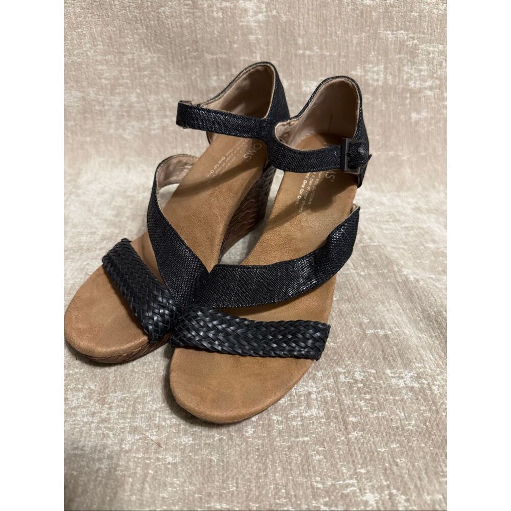 TOMS Women's Clarissa Braided Strappy Open Toe Wedge Sandals Black Size 7